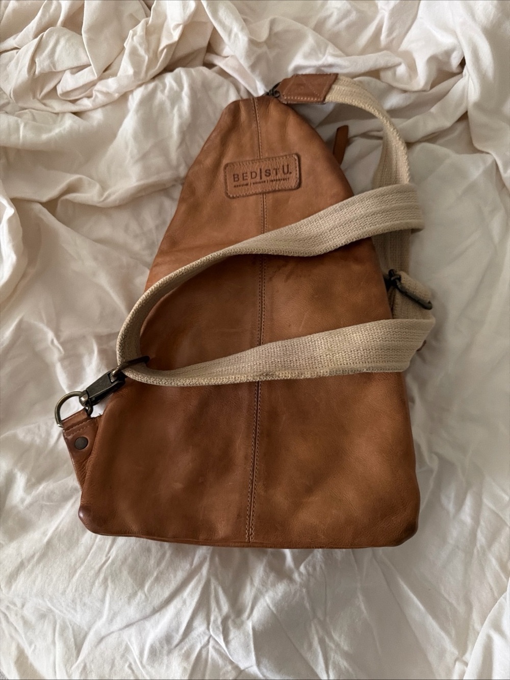 BED|STU Tan Leather Sling Belt Bag with Cream Strap